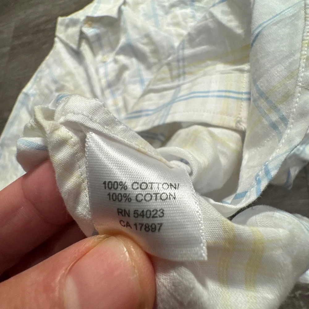 Banana Republic Shirt Mens M White Blue Yellow Cotton Slim Plaid Preppy Summer